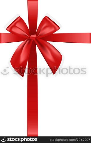 Red realistic bow for gift box on white background. Silk ribbon, 3d gift bow tie for Christmas, New Year, holidays. Vector.