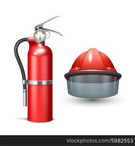 Red realistic firefighter helmet and fire extinguisher isolated vector illustration. Firefighter Helmet And Extinguisher