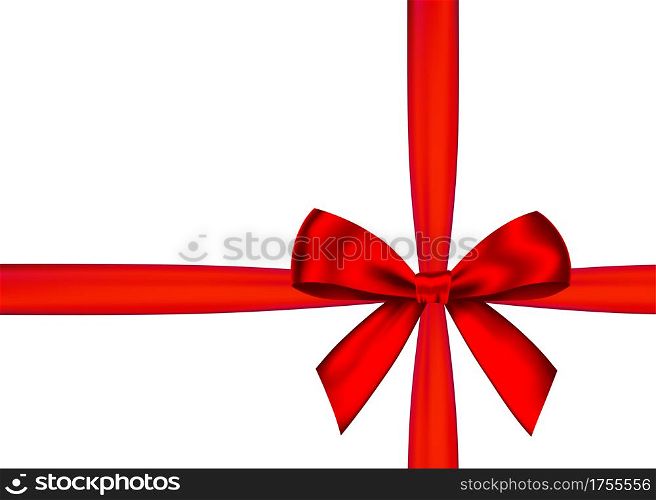 Red realistic gift bow with horizontal ribbon isolated on white background. Vector holiday design element for banner, greeting card, poster.
