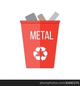 Red Recycle Garbage Bin with Metal.. Red recycle garbage bin with metal. Reuse or reduce symbol. Plastic recycle trash can. Trash can icon in flat. Waste recycling. Environmental protection. Iron and metal products. Vector illustration.