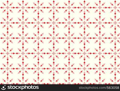 Red retro blossom and circle and modern arrow pattern on pastel background. Modern and vintage bloom pattern style for classic design