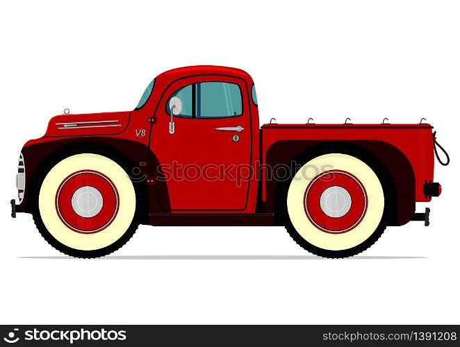 Red retro cartoon truck. Vector.