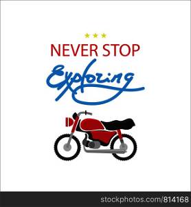 Red Retro Motorcycle Icon. Never Stop Exploring Motivational Quote. Concept of Travel, Discovery, Adventure, Tourism and Exploration.. Red Motorcycle Icon. Never Stop Exploring Motivational Quote. Concept of Travel, Discovery, Adventure and Exploration.