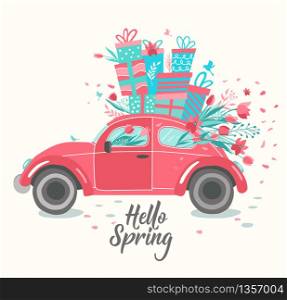 Red retro toy car delivering bouquet of flowers box on pink background. Vector illustration.. Red retro car delivering bouquet of tulips pink background. February 14 card, Valentine&rsquo;s day. Flower delivery. 8 March, International Happy Women&rsquo;s Day.