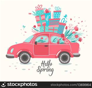 Red retro toy car delivering bouquet of flowers box on pink background. Vector illustration.. Red car delivering bouquet of tulips pink background. February 14 card, Valentine day. Flower delivery. 8 March, International Happy Women Day.