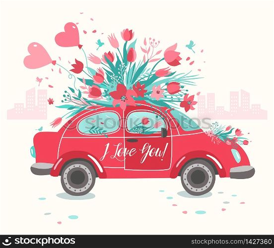 Red retro toy car delivering bouquet of flowers box on pink background. Vector illustration.. Red car delivering bouquet of tulips pink background. February 14 card, Valentine day. Flower delivery. 8 March, International Happy Women Day.
