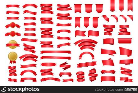 Red Ribbon banner. Ribbons, great design for any purposes. Royal ribbon. Decoration element. Medal set. Discount banner promotion template. Discount sticker. Vector stock illustration. Red Ribbon banner. Ribbons, great design for any purposes. Royal ribbon. Decoration element. Medal set. Discount banner promotion template. Discount sticker. Vector stock illustration.