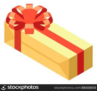 Red ribbon bow on gift box. Flat isometric present isolated on white background. Red ribbon bow on gift box. Flat isometric present