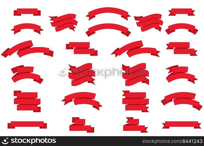 Red ribbon flat banners set. Retro decorative design for discount offers, gifts and tapes vector illustration collection. Retro bend tape stylish elements concept