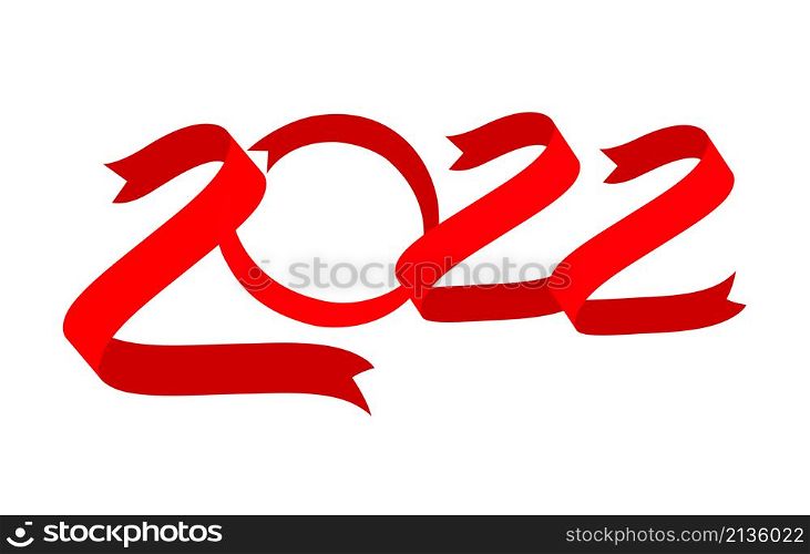 Red ribbon in shape 2022. Vector holiday illustration with 2022 text design.