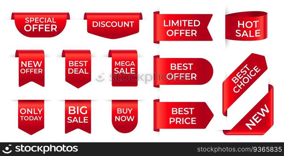 Red ribbon labels. Shopping exclusive stickers and big sale tag, new offer, discount. Silk scarlet promotional event banners vector template. Best deal, buy now bookmarks isolated on white. Red ribbon labels. Shopping exclusive stickers and big sale tag, new offer, discount. Silk scarlet promotional event banners vector template