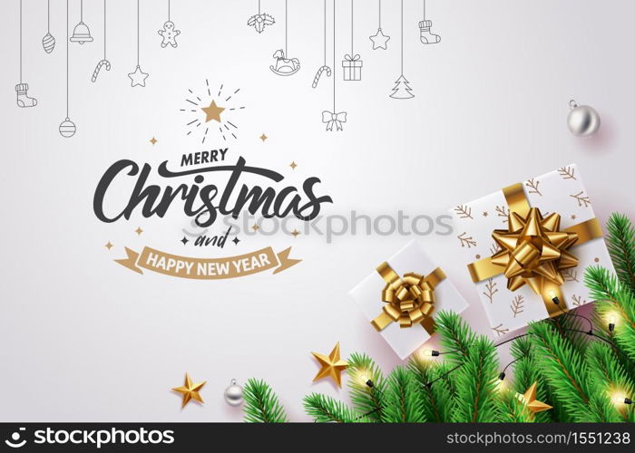 Red ribbon roll to made Christmas tree form with golden star and Merry Christmas and happy new year calligraphy, vector art and illustration.