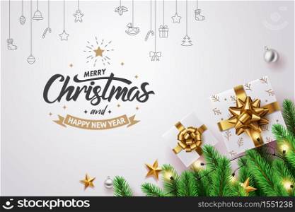Red ribbon roll to made Christmas tree form with golden star and Merry Christmas and happy new year calligraphy, vector art and illustration.