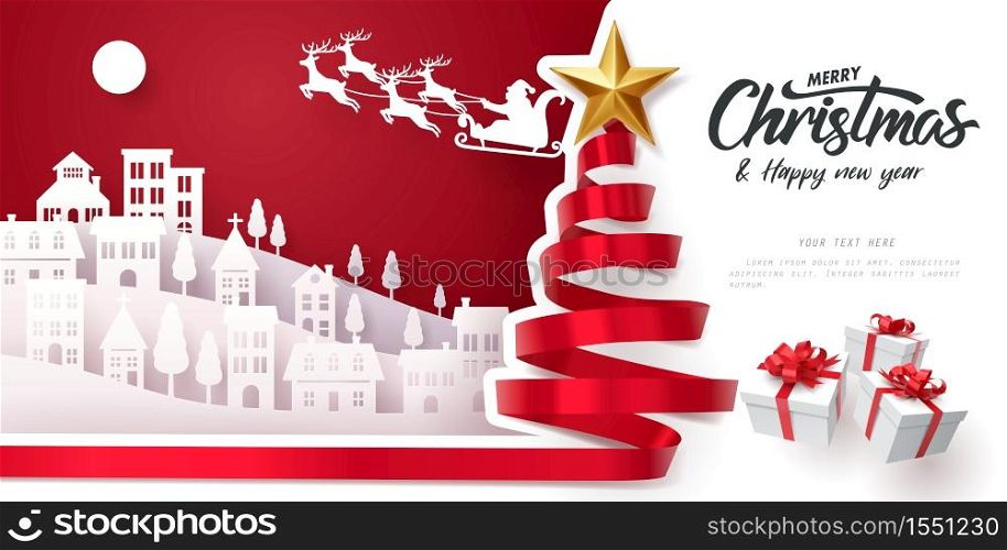 Red ribbon roll to made Christmas tree form with paper art of Santa Claus and Merry Christmas and happy new year calligraphy, vector art and illustration.