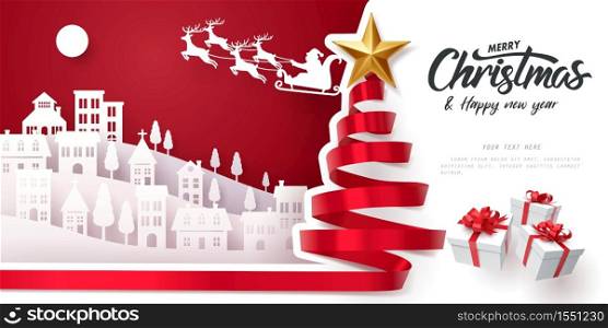 Red ribbon roll to made Christmas tree form with paper art of Santa Claus and Merry Christmas and happy new year calligraphy, vector art and illustration.