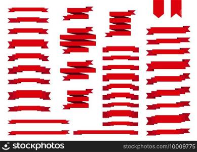 Red ribbon set in  flat style isolated on white background. Vector tapes and banner  shapes  collection. Christmas  sticker and decoration design elements. 