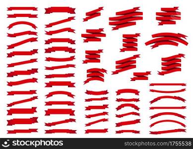Red ribbon set in flat style isolated on white background. Xmas sticker and decoration design elements. Vector tapes and banner shapes collection.
