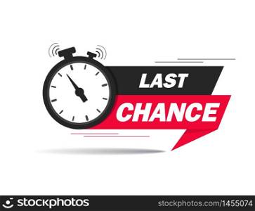 Red ribbon with clock and last chance seal. Sale banner with countdown alarm clock for retail, shop, social media, advertising. Promo label with last chance and limited time on clock. vector eps10. Red ribbon with clock and last chance seal. Sale banner with countdown alarm clock for retail, shop, social media, advertising. Promo label with last chance and limited time on clock. vector