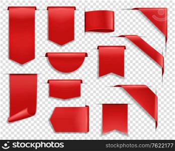 Red ribbons, labes and tags, banners and bookmark realistic vector set. Glossy silky ribbon, various shape blank price tags, web sale labels and web banners template hanging, sticking out and corner. Red ribbons, labels and banners vector set