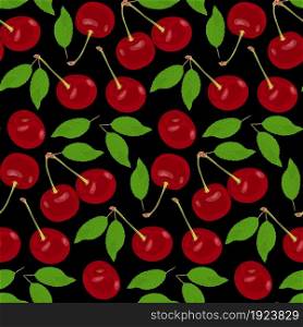 Red ripe cherries are scattered on a black background. Red cherries with green leaves and stems on a dark background. Seamless vector pattern.. Red ripe cherries are scattered on a black