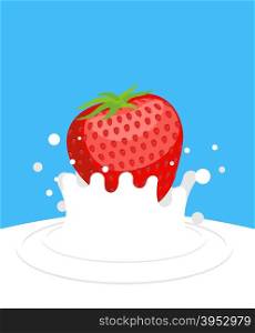 Red ripe strawberry drops in fresh milk on a blue background. Splashes of white milk. Vector illustration food.
