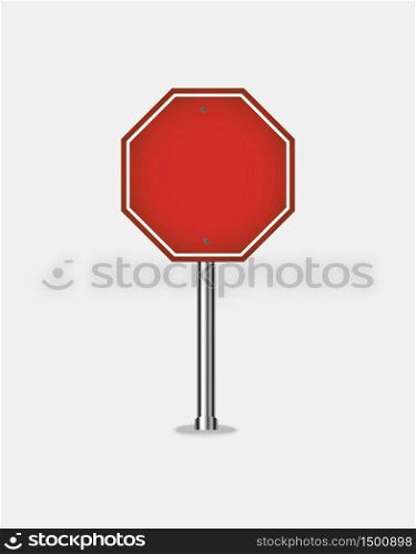 Red road sign is isolated on white background. Blank traffic label is empty. Warning or stop banner is shown for transport. Safety, shape danger, boards street guide vector icon.. Red road sign is isolated on white background. Blank traffic label is empty. Warning or stop banner