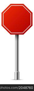 Red road sign. Realistic blank octagon board. Alarm symbol isolated on white background. Red road sign. Realistic blank octagon board. Alarm symbol