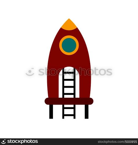 Red rocket with ladder on a playground icon in flat style isolated on white background. Red rocket with stairs on a playground icon