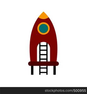 Red rocket with ladder on a playground icon in flat style isolated on white background. Red rocket with stairs on a playground icon
