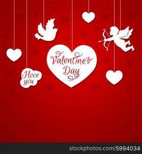 Red romantic background with cupid and heart for Valentine&rsquo;s day