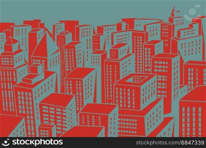 red roofs of the modern city with skyscrapers. Comic book cartoon pop art retro colored drawing vintage illustration. red roofs of the modern city with skyscrapers