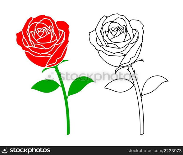Red rose and outline style. Vector illustration for valentines day. Design for greeting card, invitation for wedding.