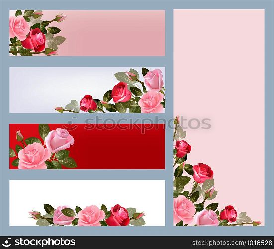 Red rose banners. Print template with illustrations of beautiful flowers vector pictures. Floral card template, banner for invitation with rose flower. Red rose banners. Print template with illustrations of beautiful flowers vector pictures