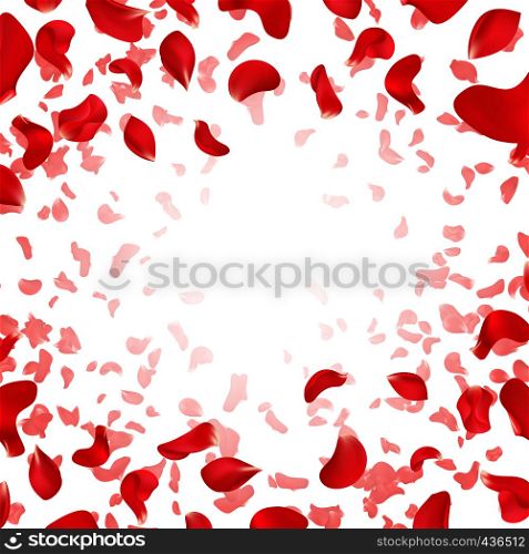 Red rose falling scattered petals wedding vector background. Illustration of red rose petal banner with place for text. Red rose falling scattered petals wedding vector background