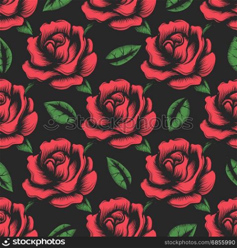 Red rose flower seamless pattern. Red rose flower seamless pattern with green leaves on black background. Vector illustration
