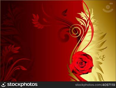 Red rose on a gold and red background with a vegetative ornament