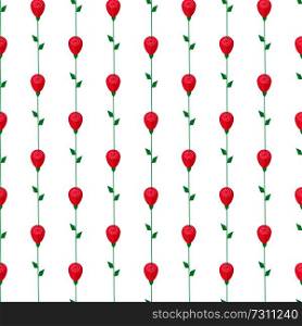 Red rose with green stem and leaves seamless pattern isolated on white background. Wrapping paper design for womaens day celebration. Red Rose with Stem and Leaves Seamless Pattern