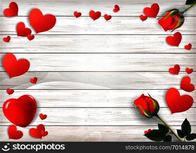 Red roses and paper hearts on a wooden sign. Valentine&rsquo;s Day background. Vector illustration