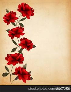 Red roses on old paper background. Vector.