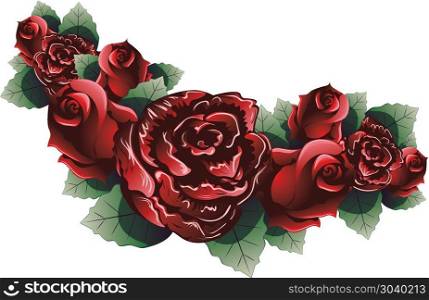 Red Roses with Leaves. Dark red rose flowers with leaves on white background.