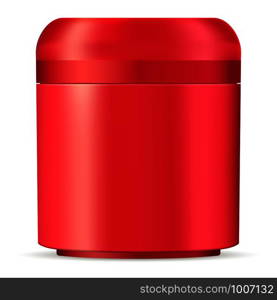 Red round cosmetic jar mockup for cream, ointment, powder and other products. Photo realistic packaging template with red lid. Front view. Vector 3d illustration.. Red round cosmetic jar mockup for cream, ointment