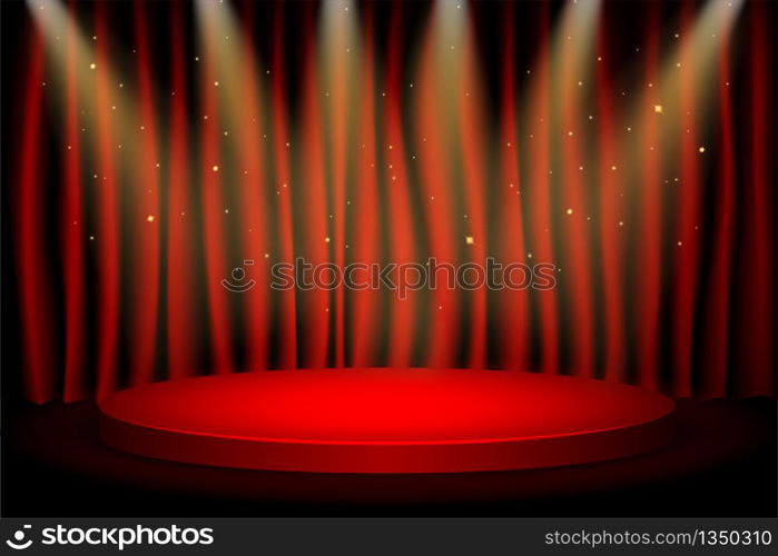 Red Round Winner Podium. Stage with Studio Lights for Awards Ceremony. Spotlights illuminate. Graphic resource for background.