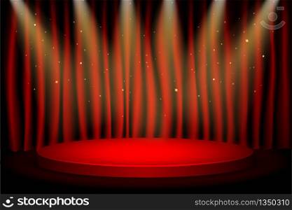 Red Round Winner Podium. Stage with Studio Lights for Awards Ceremony. Spotlights illuminate. Graphic resource for background.