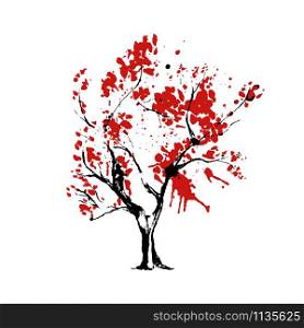 Red Sakura tree isolated painting. Japanese tree vector freehand illustration. Red Sakura tree isolated painting. Japanese vector illustration