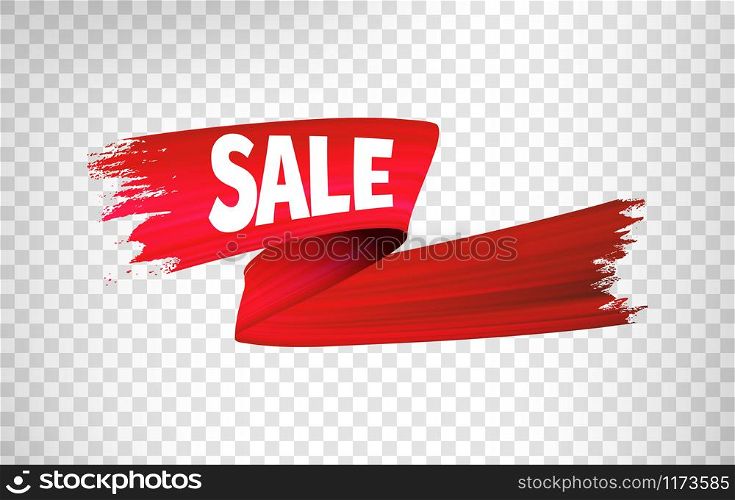 Red Sale Ribbon. Vector 3d Render, Abstract Brush Stroke. Paint Splash. Acrylic Stripe Smear Splatter. Artistic Vivid Ribbon. Isolated Clip Art Icon on Transparent Background. Flowing Liquid Ink Shape. Red Sale Ribbon. Vector 3d Render, Abstract Brush Stroke. Paint Splash, Acrylic Stripe Smear Splatter.