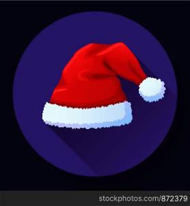 Red Santa Claus hat, New Year cap. Red hat with white pompon. Christmas clothes, holiday symbol. Vector illustration in flat style.. Red Santa Claus hat, New Year cap