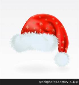 Red Santa Claus hat with the pattern of golden snowflakes . Mesh.
