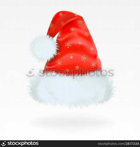 Red Santa Claus hat with the pattern of golden snowflakes . Mesh.