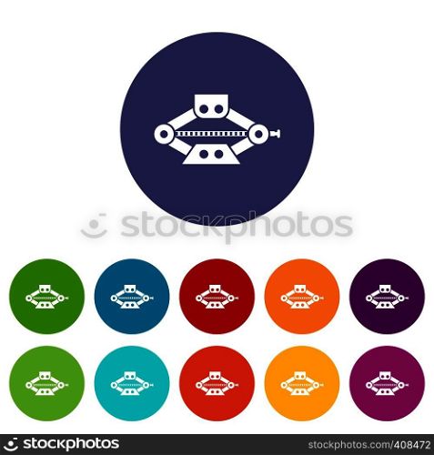 Red scissor car jack set icons in different colors isolated on white background. Red scissor car jack set icons