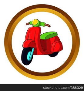 Red scooter vector icon in golden circle, cartoon style isolated on white background. Red scooter vector icon